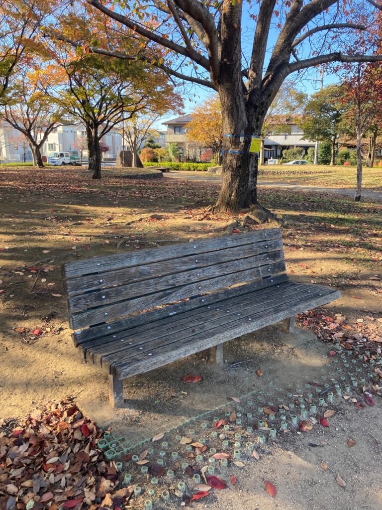 野田市みずき公園の木製ベンチ（施工前）